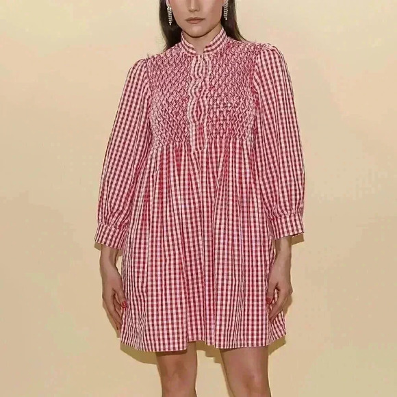 Vintage Red Gingham Baby Doll Dress Size Small Long Sleeve Dress Mock Neck Dress - Picture 2 of 6